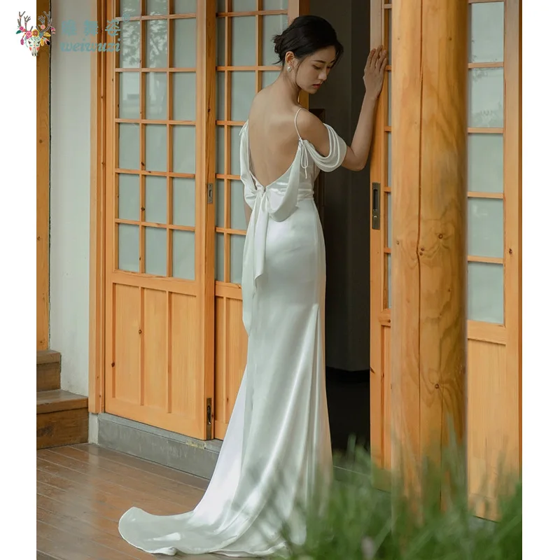Estilo coreano moda de gama alta satén tirantes hombro Baring moda Sexy espalda descubierta novia boda sirena vestido de compromiso