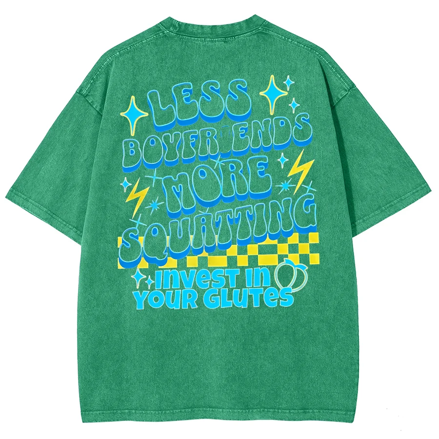 Color Three-Dimensional Letter Print T-Shirt High Gram Weight Washed Denim Neutral Style Round Neck Shoulder Short Sleeve
