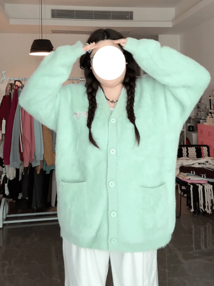 ソフトイエローニットミンクベスト女性のルーズアウター秋冬カジュアルスタイル暖かさセーターコートボタンキャンディーカラーポケット