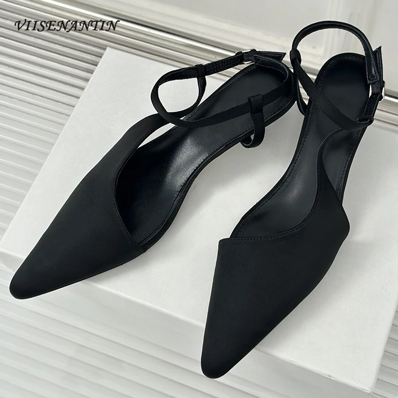 

Luxury Design Silk Satin Summer Sandal Pointed Toe Kitten Heel Shallow Slingback Pump Buckle Strap Elegant Lady Dress Party Shoe