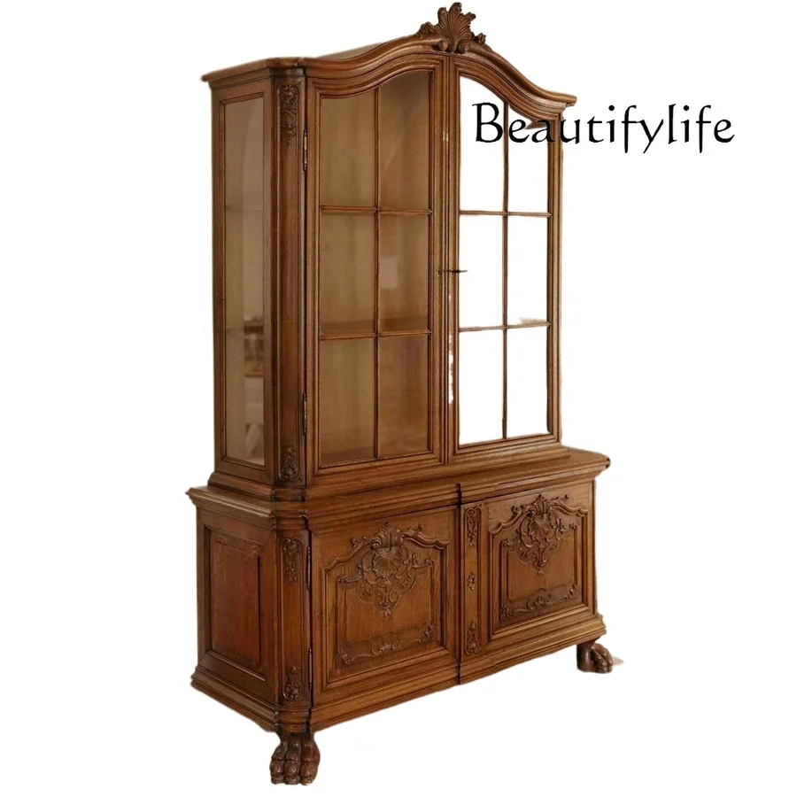 

European retro solid wood carving old wine cabinet French classical carving medieval bookcase glass