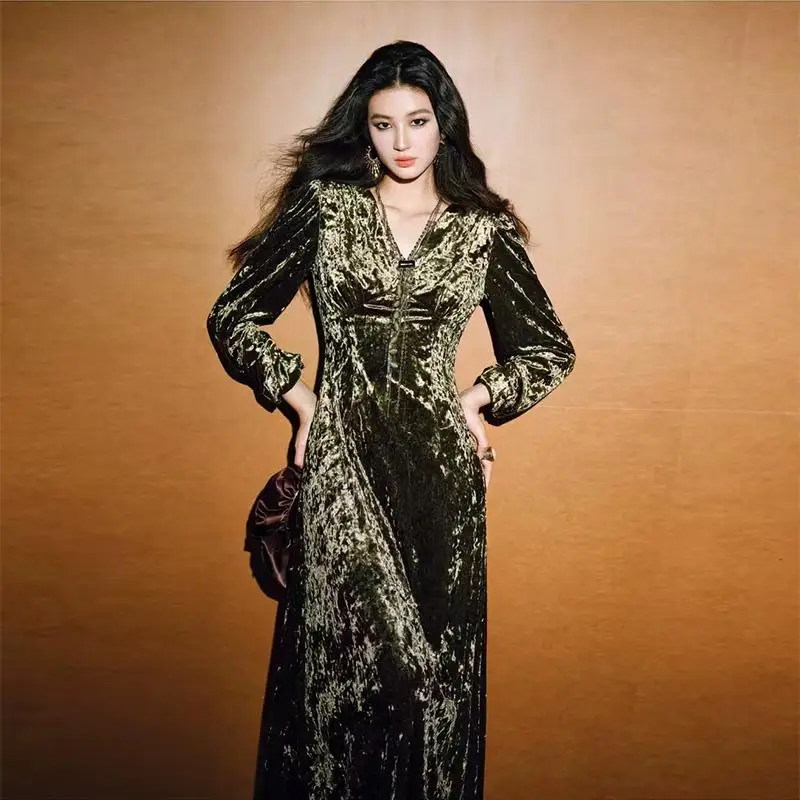 

Ele Velvet Long Sve Dr Birthday Par Evening Gown Luxury Feel A-Line Skirt Deep V-Ne Polyester Nylon Fabric