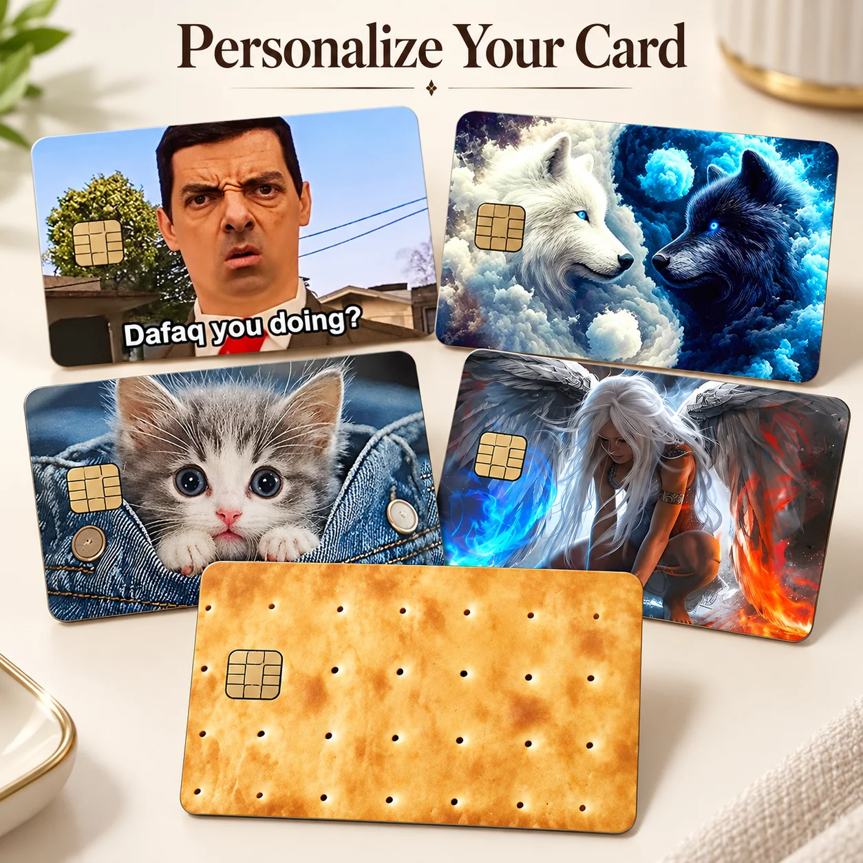 Personalized Bank Card Decorative Stickers 8.5×5.4cm, Featuring Cute Cats, Blue-Eyed Double Wolves, Fun Expressions, Fantasy Wings, and Cookie Patterns, Available in Various Designs, Rounded Corner Card Surface Beautification Stickers, Making Everyday Cards More Personalized, and Ensuring You Have a Good Mood Every Time You Retrieve Your Card