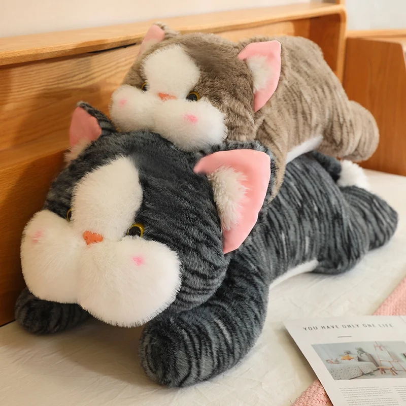 Adorable Fatty Lying Cat Doll Plush Toy Soft Stuffed Animal Black Brown Kitten Comfort Pillow Sofa Cushion for Girls Gifts Decor