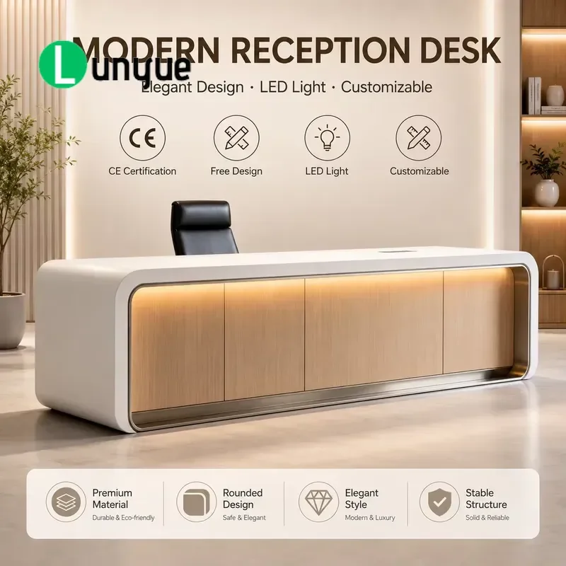 Modern Curved LED Reception Desk Minimalist White Wood Office Front Desk for Company Hotel Luxury Design