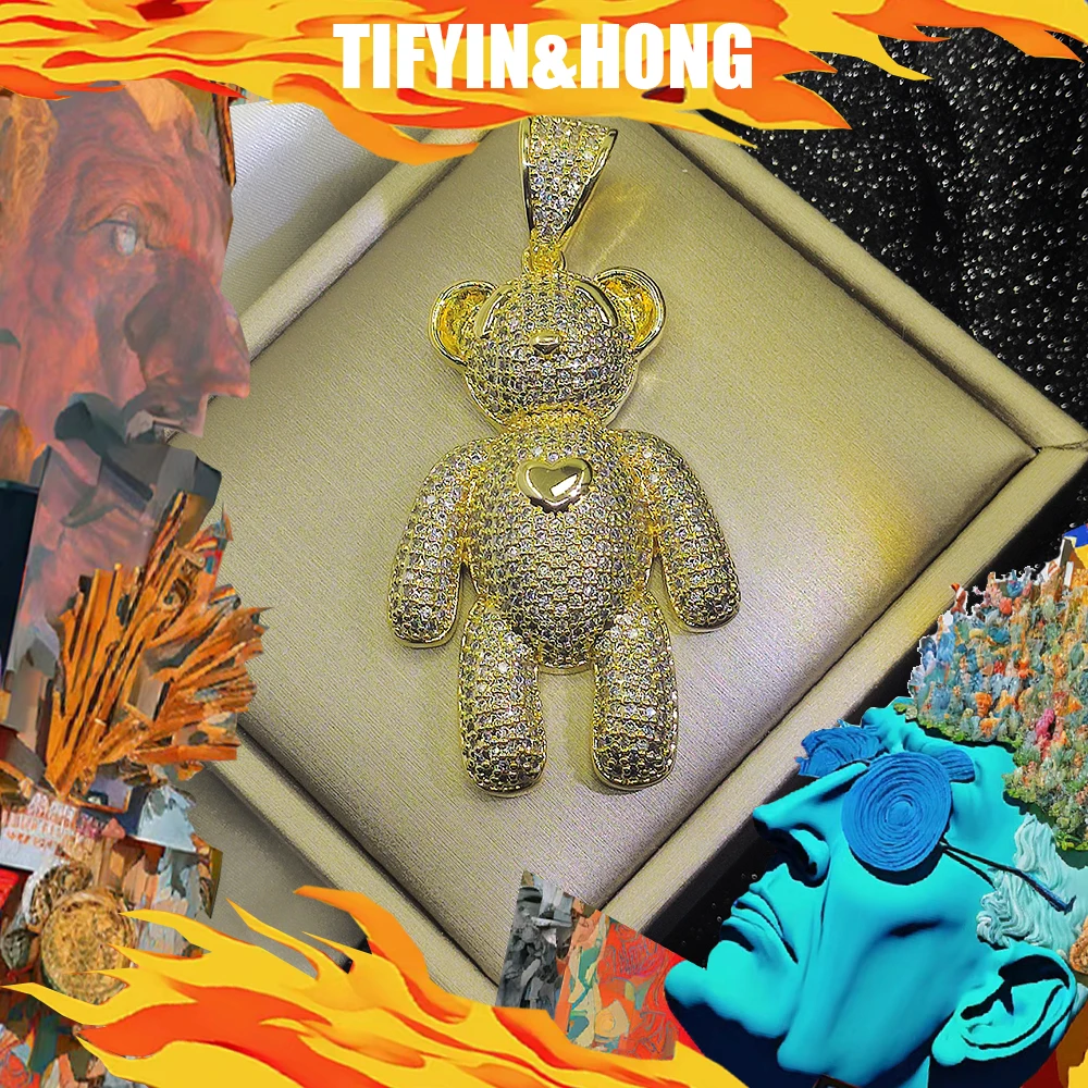 Hip hop luxury gold-plated necklace paired with teddy bear diamond pendant, high-end customization, rap, street trend decoration