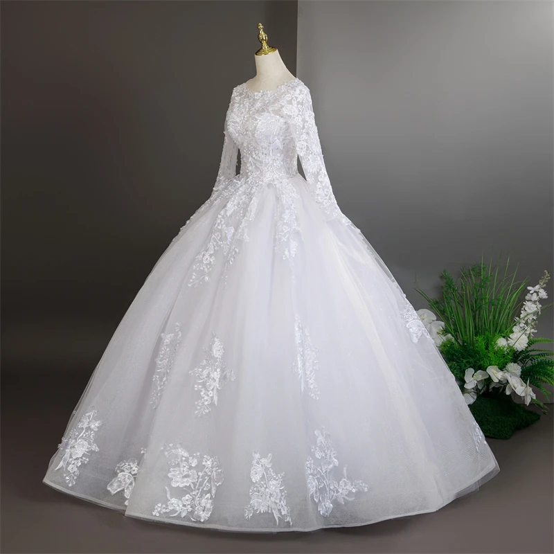 فساتين زفاف بيضاء نقية طويلة الأكمام فاخرة لحفلات الزفاف فساتين زفاف رسمية مخصصة 2025 مقاس كبير