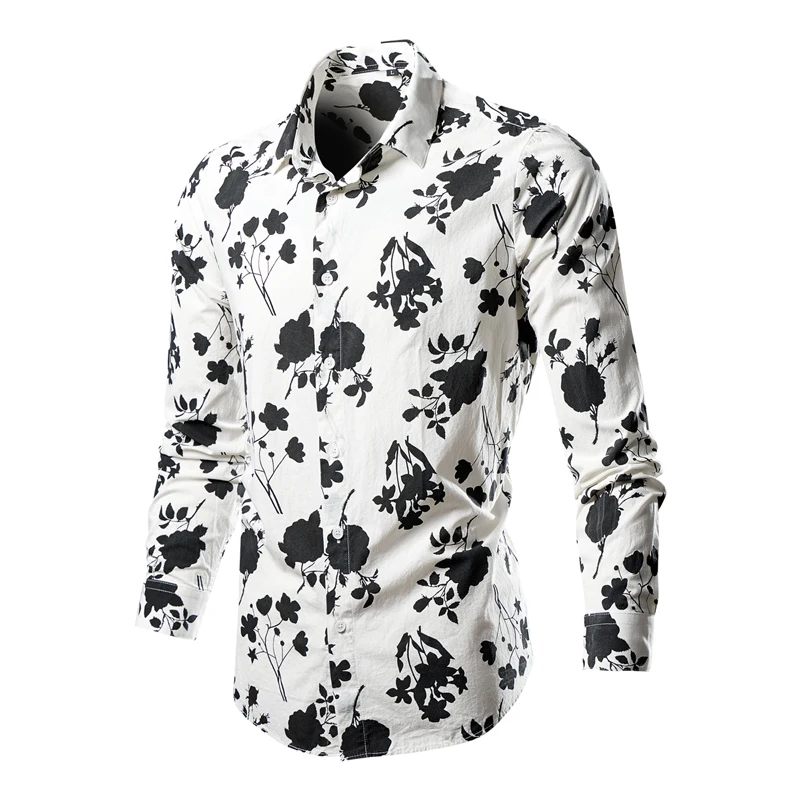 New Fashion Flower Printed Cotton Men\'s Shirt Casual Plus Size Long Sleeve Shirts Male Slim Fit Mens Office Shirt Hot Sale