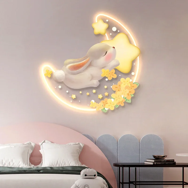

For Cream Wind Children's Room Decoration Painting Cute Rabbit Princess Room Background Wall Lamp Bedroom Bedhead Hanging Painti