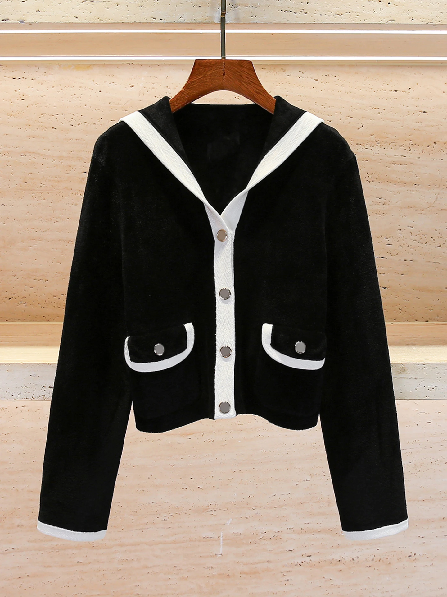 

Женский вязаный кардиган M Home Nan You класса люкс, с воротником-стойкой, осенняя коллекция, для повседневной носки, приталенный крой, цвет темно-синий, антивозрастной эффект