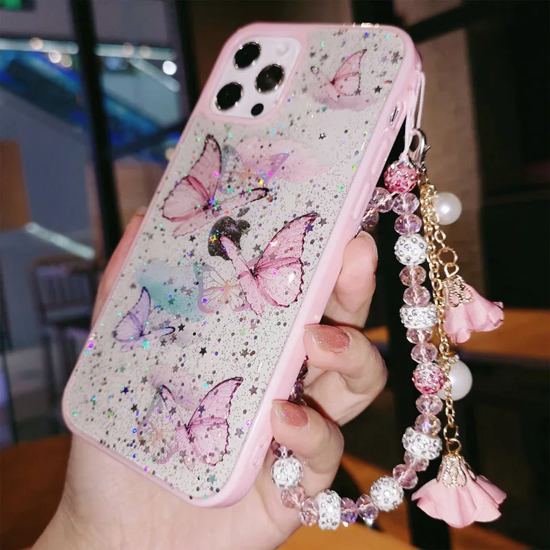 Butterfly Phone Case for IPhone 16 15 Pro Max 14 13 11 XS XR X 8 plus Glitter Clear TPU Covers Bracelet Fundas With Lady Pendant