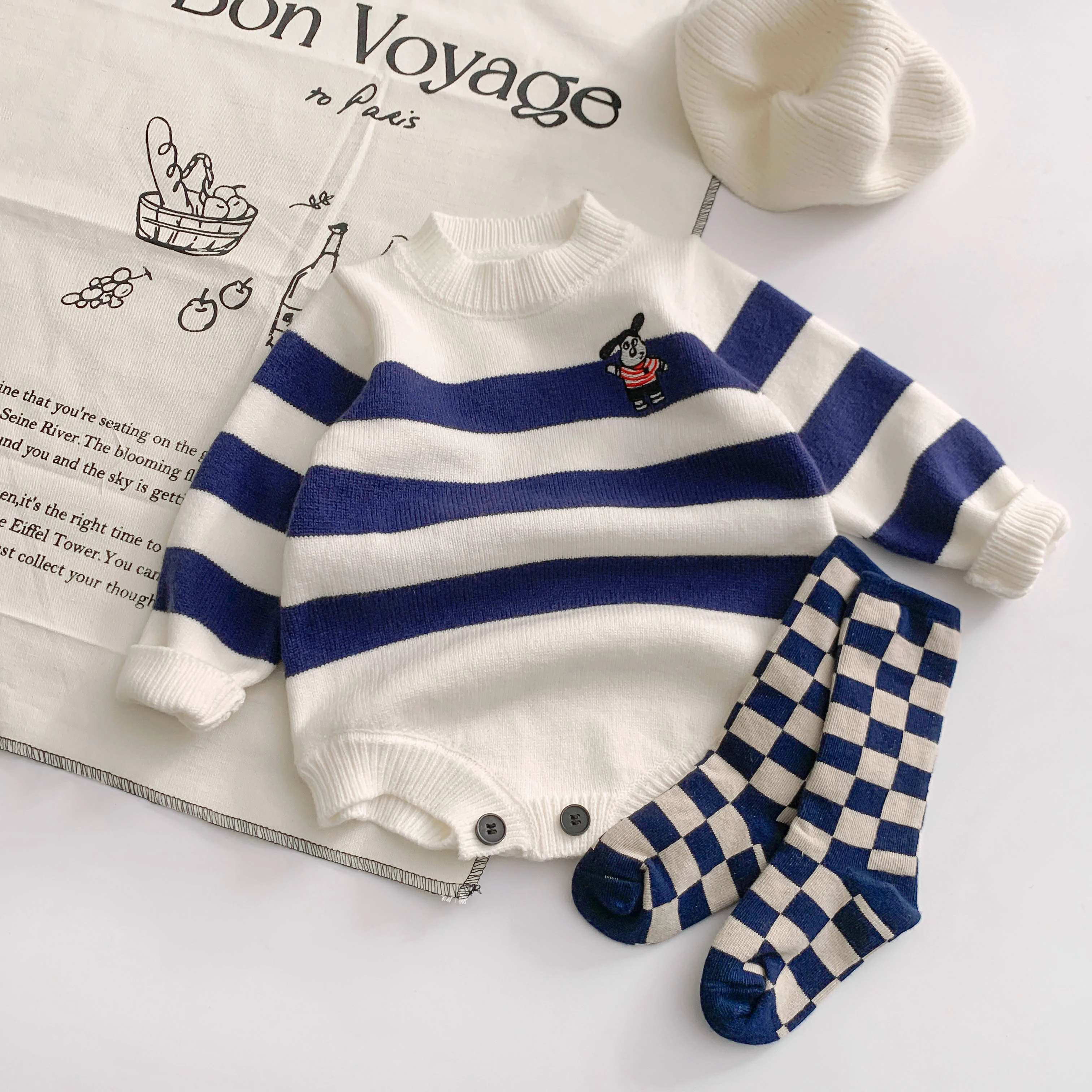 Spring Newborn Infant Baby Boys And Girls Knitted Romper Long-sleeved Briefs Kids Striped One Piece Baby Clothing