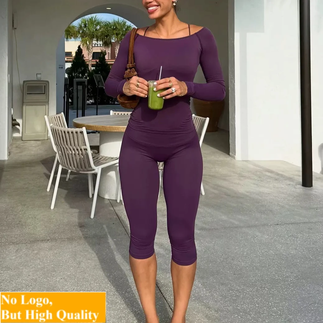 NO LOGO 2-pc set woman one shoulder yoga long sleeved T-shirt+tight fitting capri pants，shaping yoga exercise and fitness suit