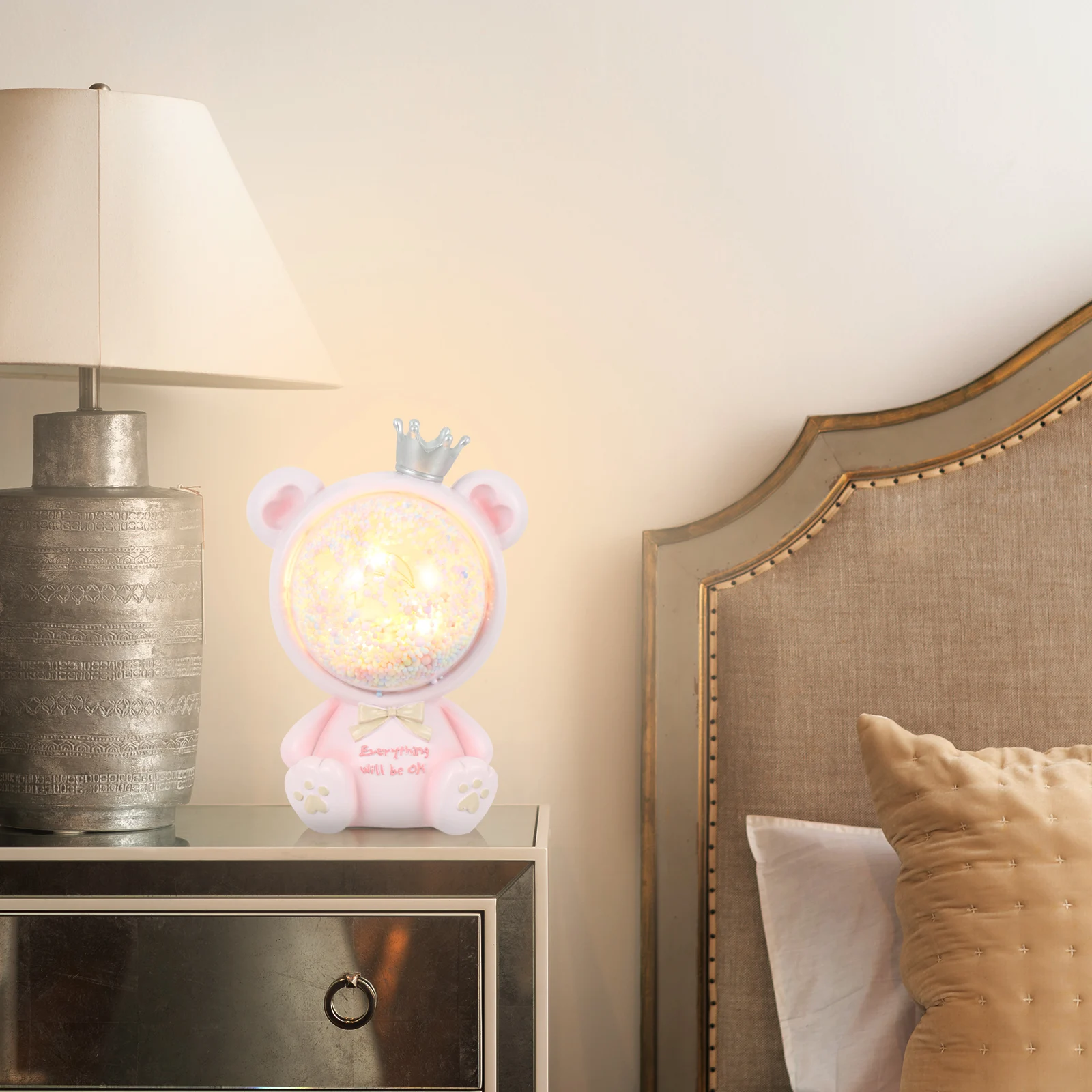 

1pc Pink Resin Space Bear Night Lamp Cartoon Desktop Adornment Hollow Face Warm Lighting Birthday Gift Home Decoration