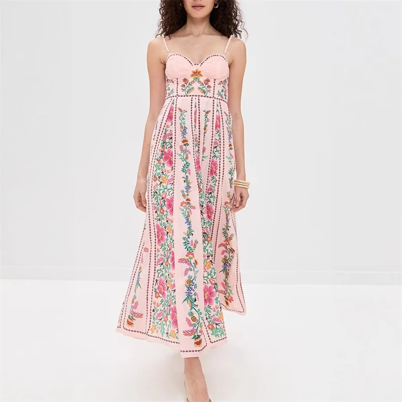 Combhasaki Women Adjustable Thin Beading Spaghetti Strap Smocked Backless Floral Print Summer Swing A-line Slip Party Long Dress