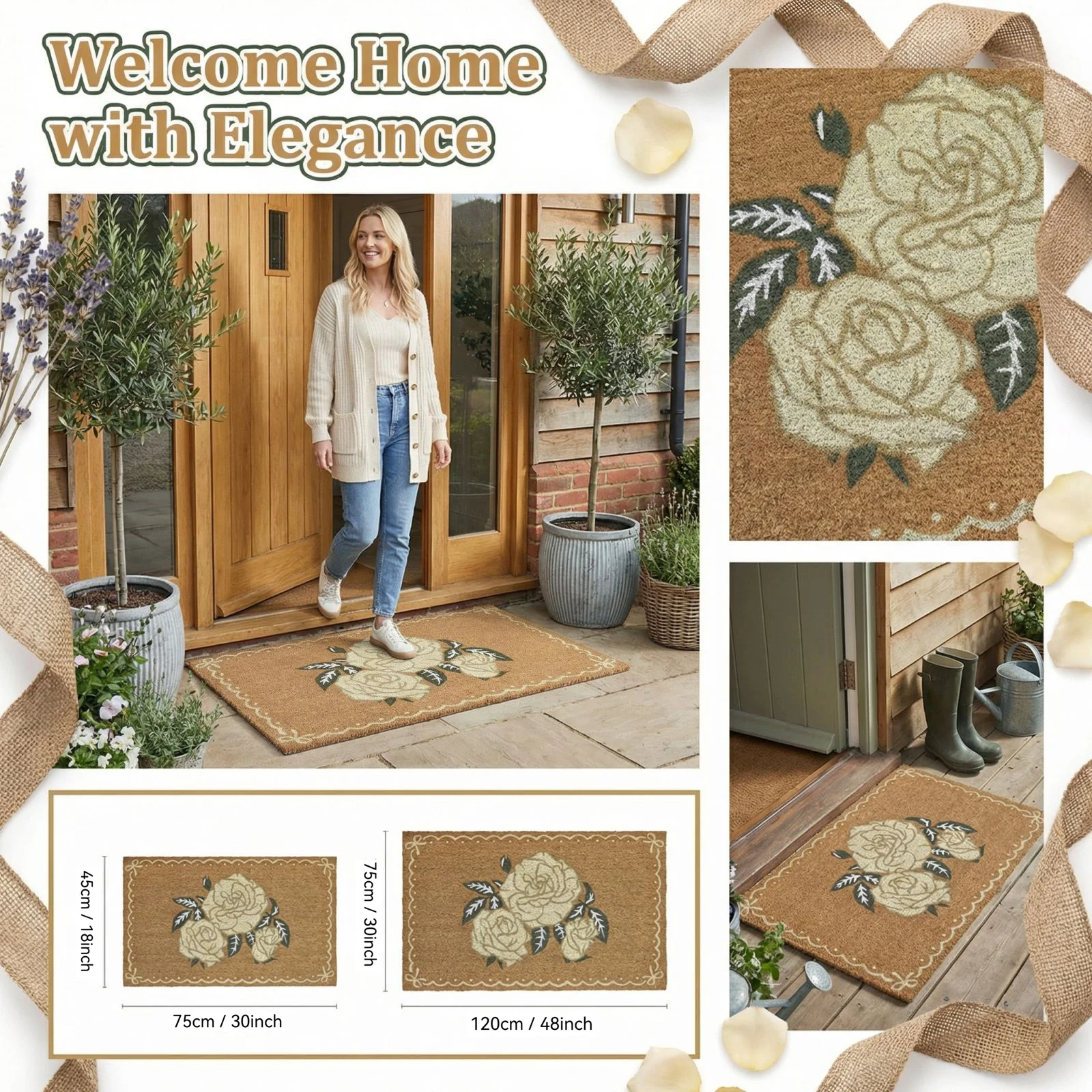 Multi-Color Rose Patten Outdoor Doormat Floral Welcome Mat Anti-slip Washable Scraper for Front Porch and Garden Entry