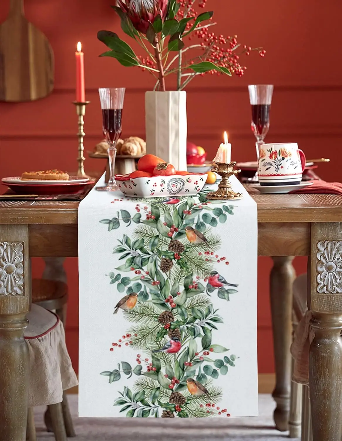 Christmas Cardinal Berry Green Plant Pine Linen Table Runner Dresser Scarves Winter Xmas Kitchen Table Runner Navidad Decoration