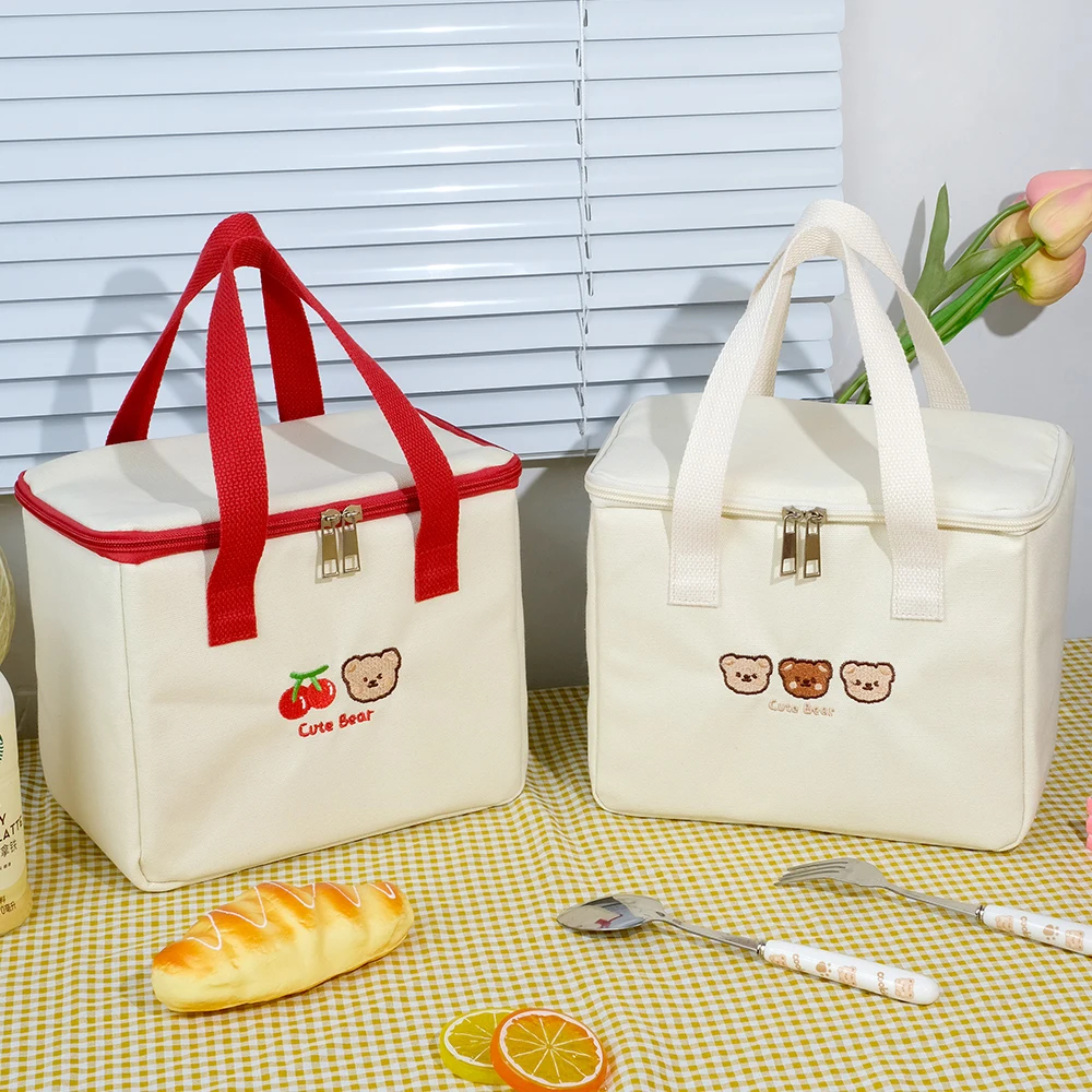 Cute Lunch Bag Large Capacity Canvas Anti-cooling Handbag Aluminum Foil Insulated Food Box Office Worker Portable Bento Bag