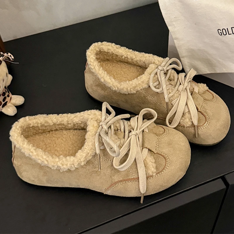 

Fur Winter Women's Boots Flats Lace Up Warm Sport Shoes Fashion Sneakers Cozy 2025 New Suede Casual Short Plush Mujer Snow Boots