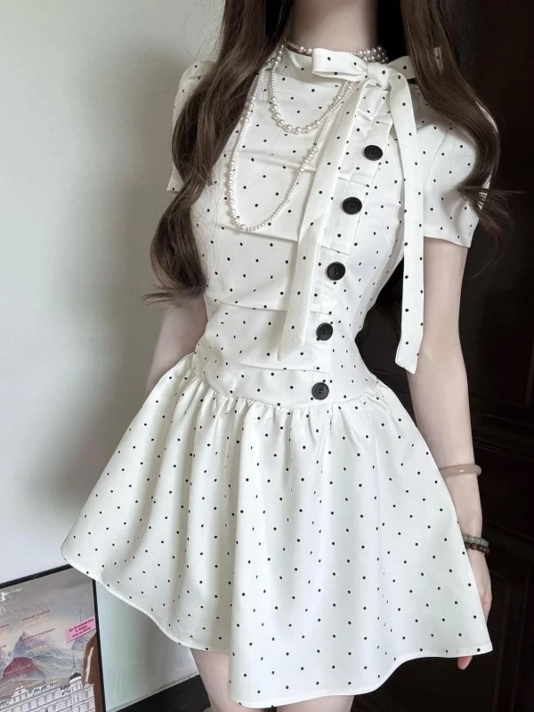 

Sweet Girl Polka Dot White Puffy Skirt Women's Summer Waist Cinch Knot Slimming Skirt Fashionable Casual Dress