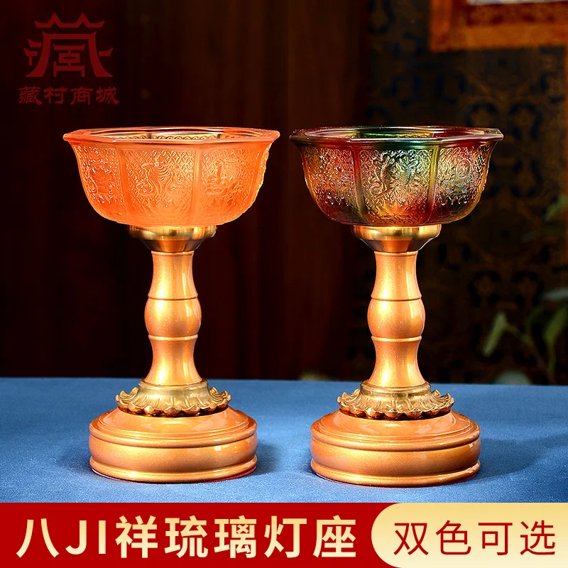Buddhist-themed glass oil lamp stand, used as an offering and decorative item the Buddha, suitable for home decoration