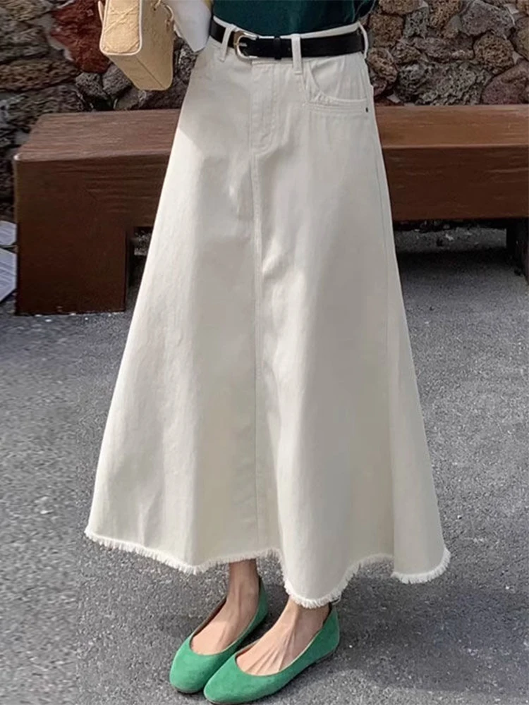 

plus Size Mid-Length A-Line Denim Skirt with Frayed Hem High Waist Slimming Casual Cotton Blend Spring Faion for Women