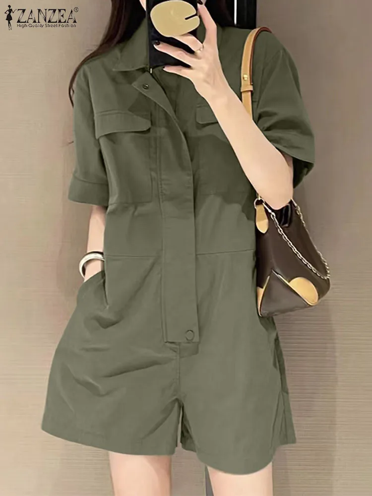 2024 ZANZEA Fashion Women OL Work Overalls Summer Fashion Jumpsuits Rompers Lapel Neck Short Sleeve Playsuits Vintage Trousers