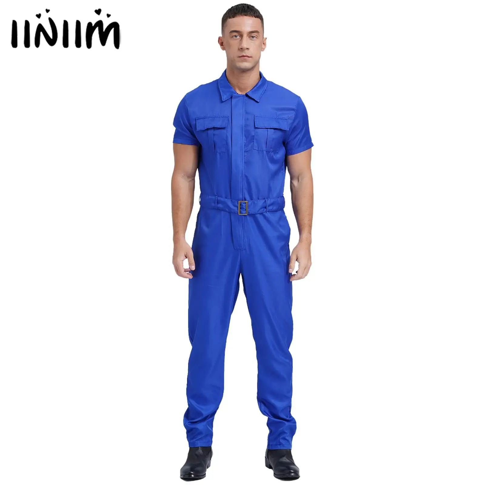 Mens Summer Work Wear Resistant Coverall with Belt Short Sleeve Front Zipper Multiple Pockets Overalls Jumpsuit Dungarees