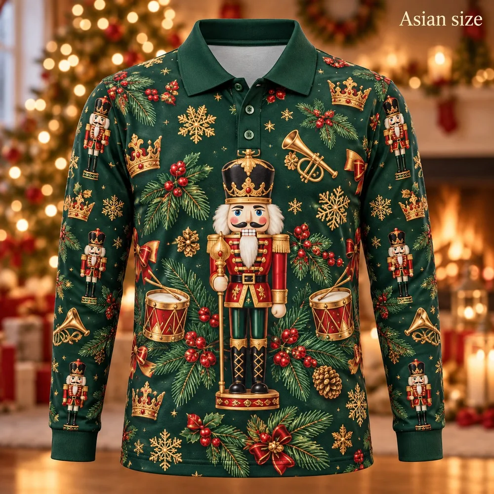 New Christmas Nutcracker Long Sleeve Polo Shirt for Men 3D Print Polyester Holiday Graphic Festive Casual Winter Outfit Gift
