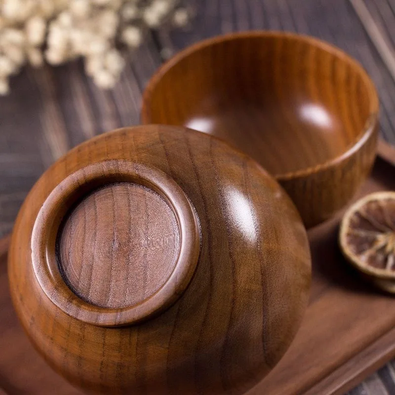 Natural Sour Date Wood Rice Bowl Large Soup Bowl Restaurant Solid Wood Bowl Vintage Household Tableware Set, No Oil and Wax