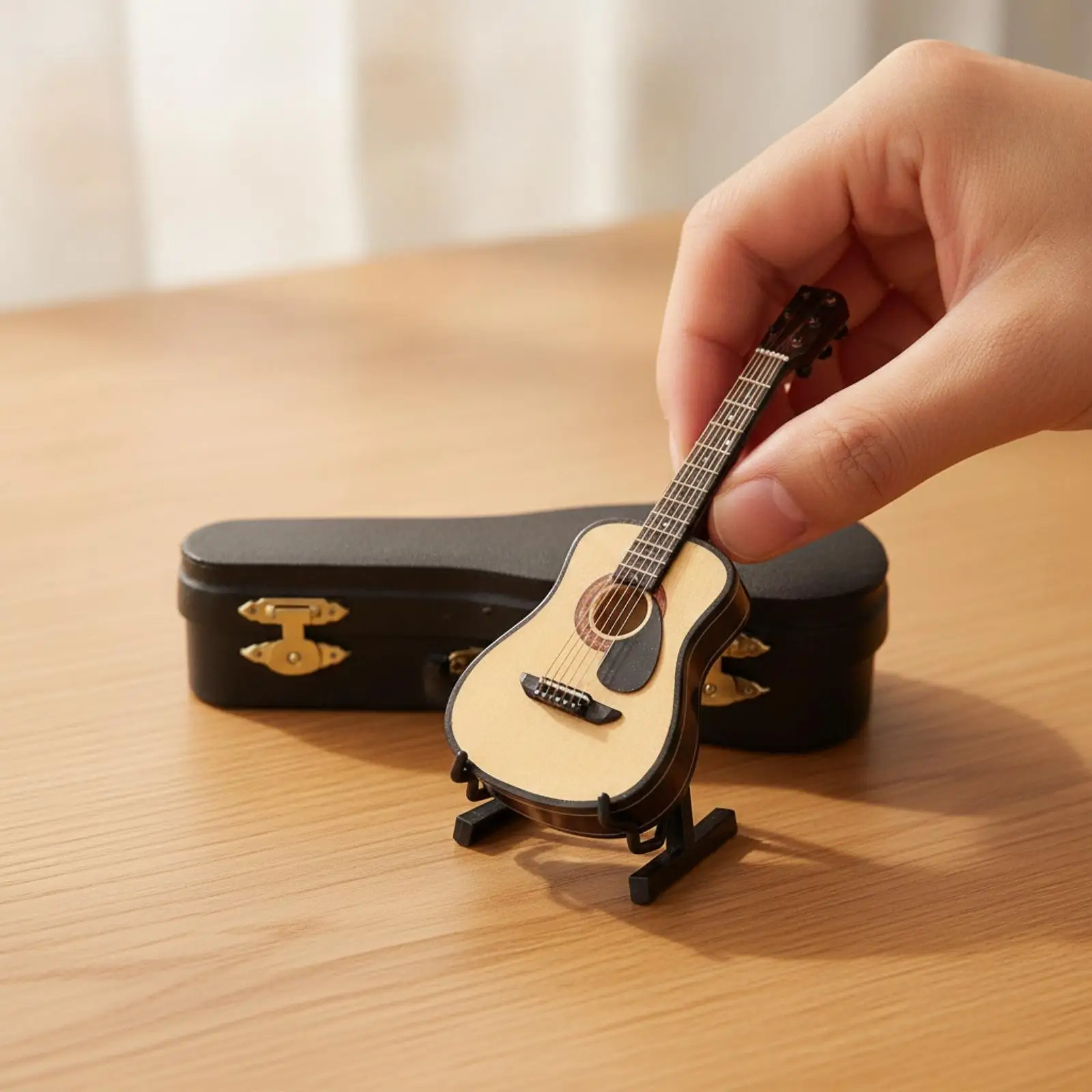 Mini Basswood Guitar Replica Model with Display Stand Case Acoustic Guitar Figurine for Desk Shelf Decor Music Lover Gift
