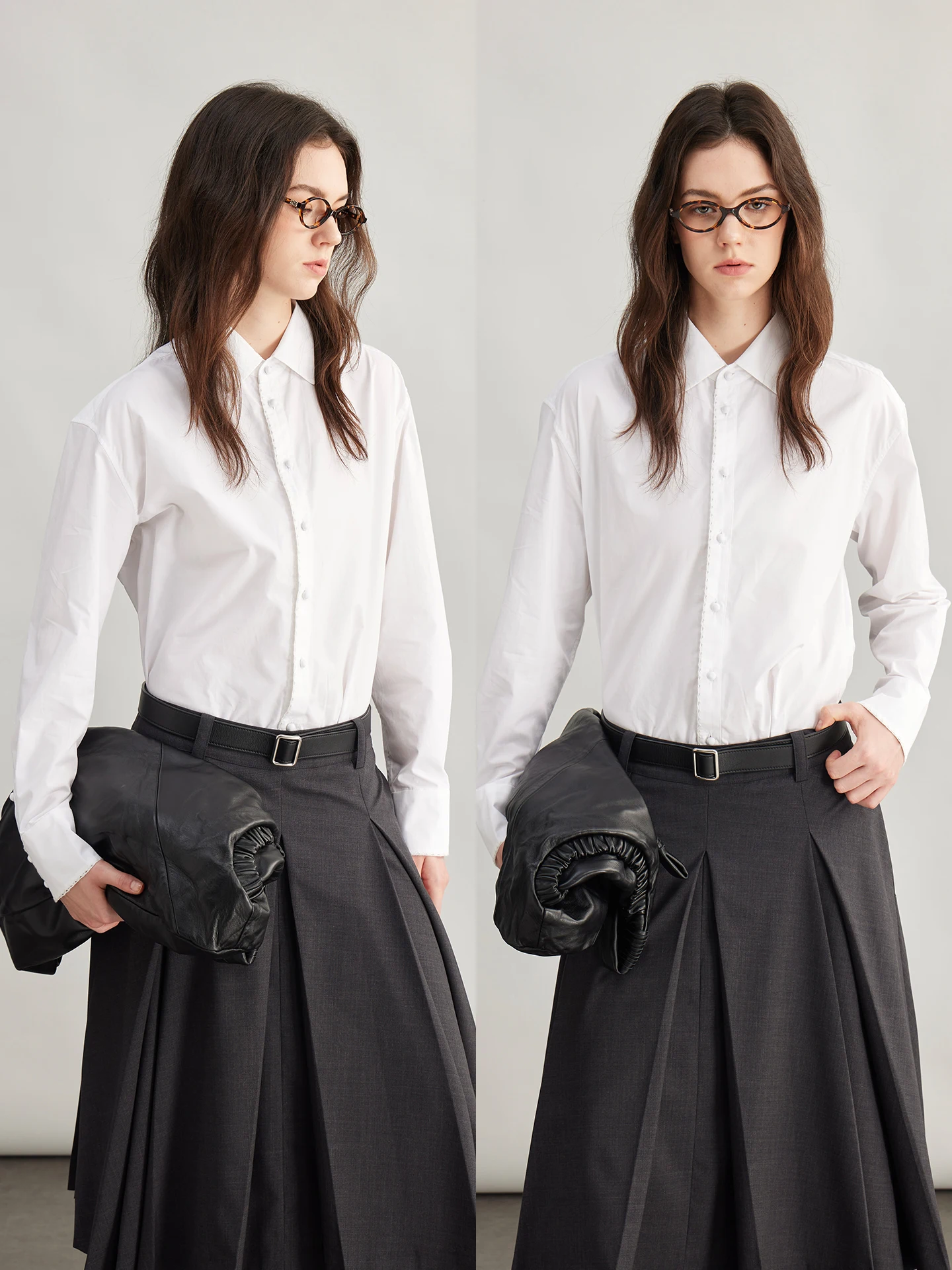 

White Cotton Feel Long Sve Collared irt Women's Inner Wear Miu Sle Embroidered Casual Loose Fit Breathable irt