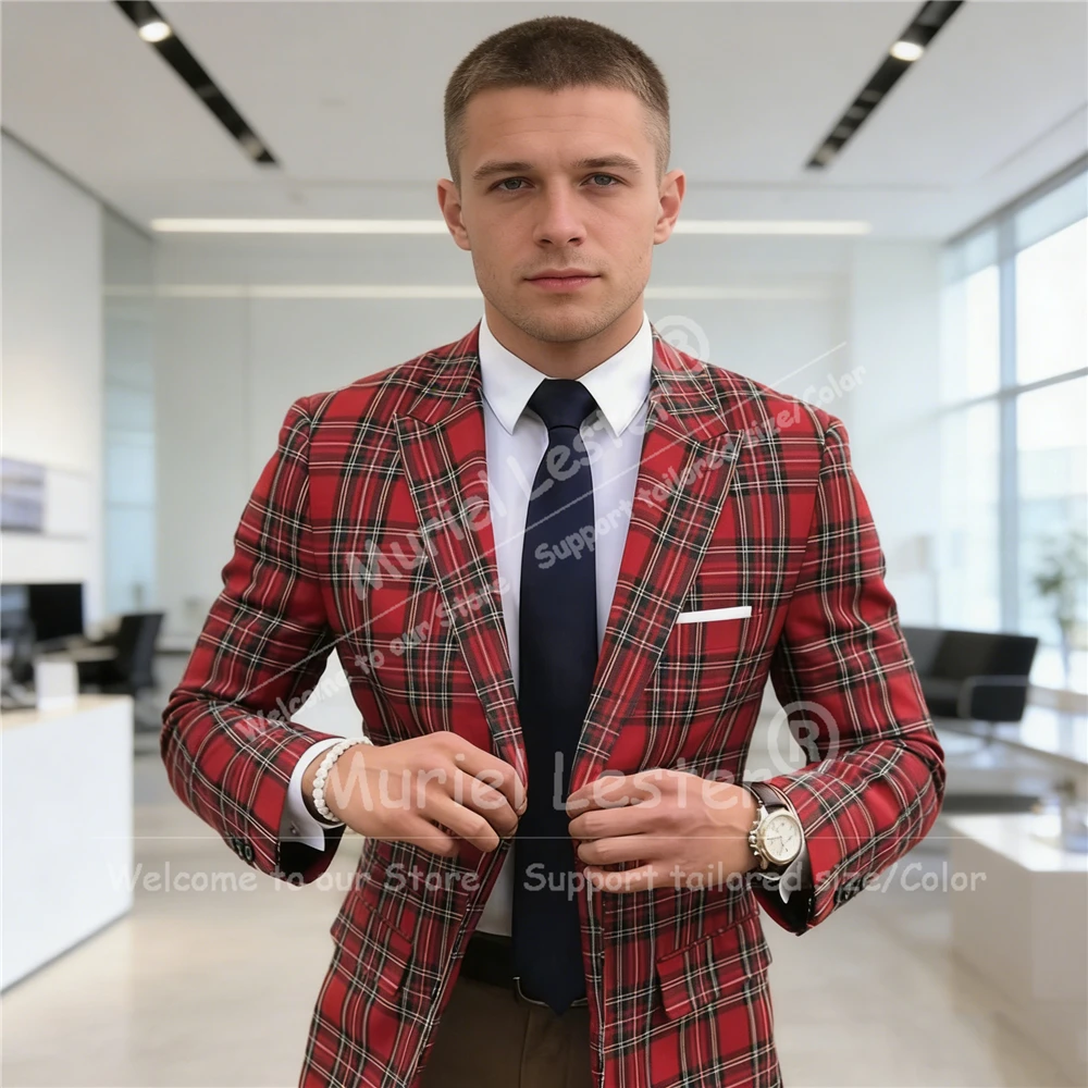 

Fashion Scottish Plaid Men Suits Slim Fit Peaked Lapel Male Suit 1 Piece Blazer Customized British Style Groom Tuxedos Outfits