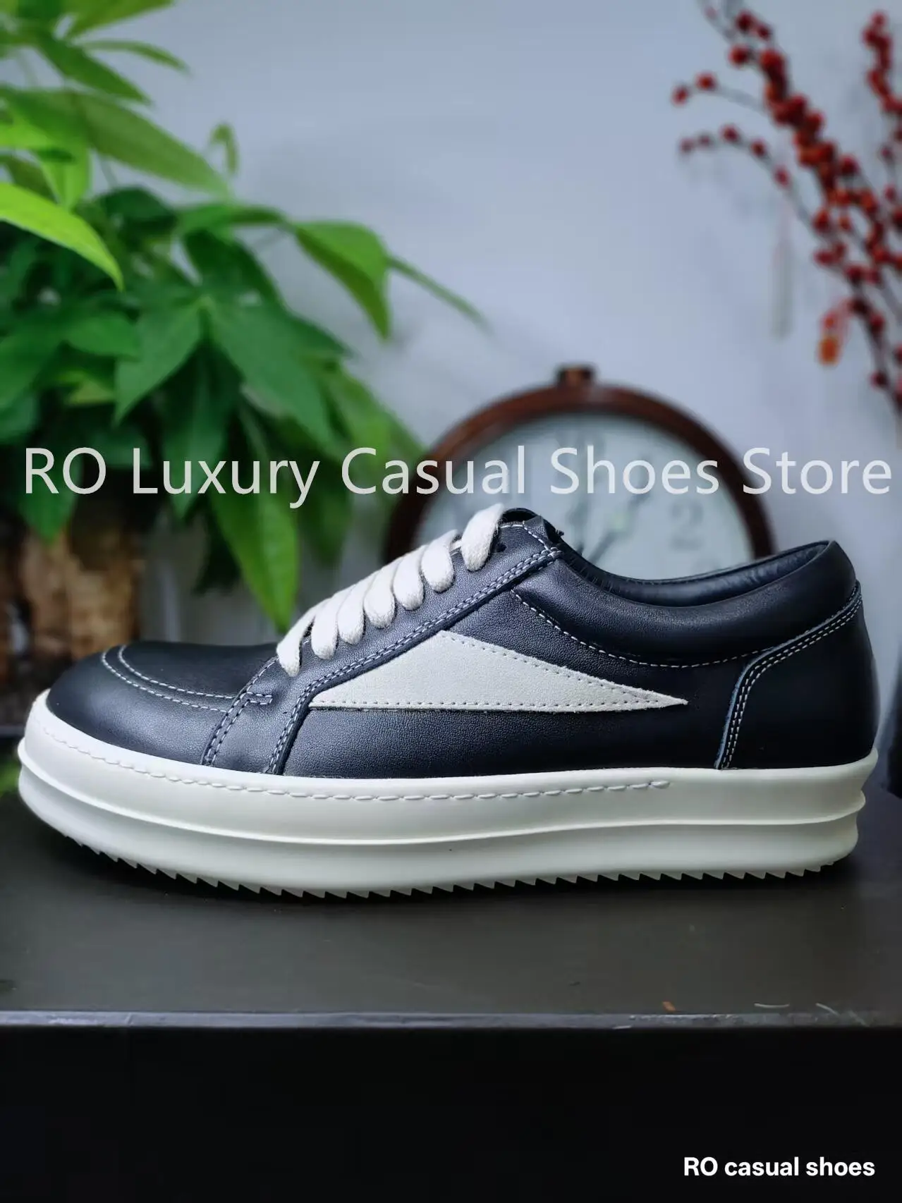 

RO Top High Quality Genuine Calf Leather Men's Causal Shoes Designer Black Leather Women's Low-Top Sneakers Lace-Up Flat Shoes