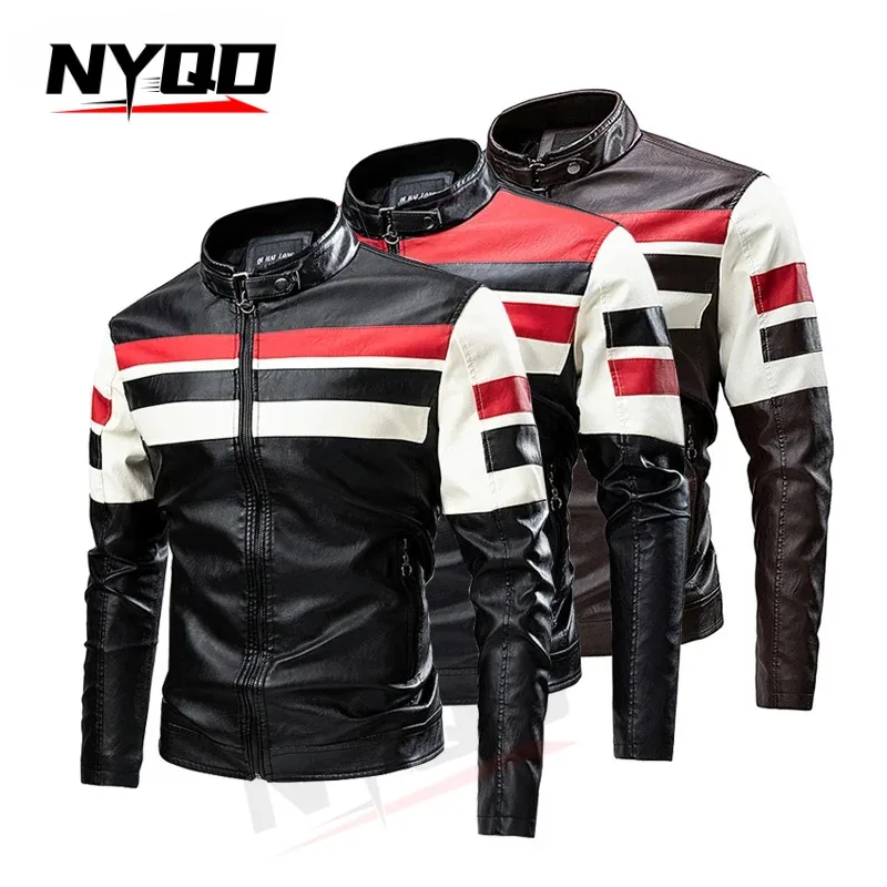 Men's Motorcycle Leather Jacket Casual Warm Fleece Biker Bomber PU Male Windproof Winter Vintage Overcoat