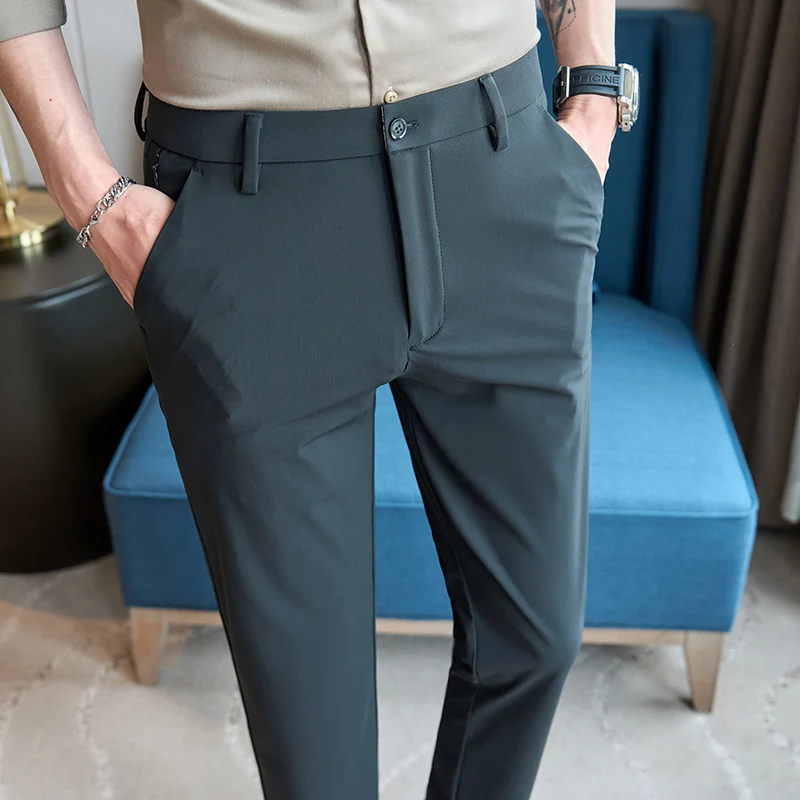 40 38 36 Men Summer High Quality Ice Silk Suit Pants Men\'s Fashion High Quality Slim Fit Solid Color Business Suit Trousers