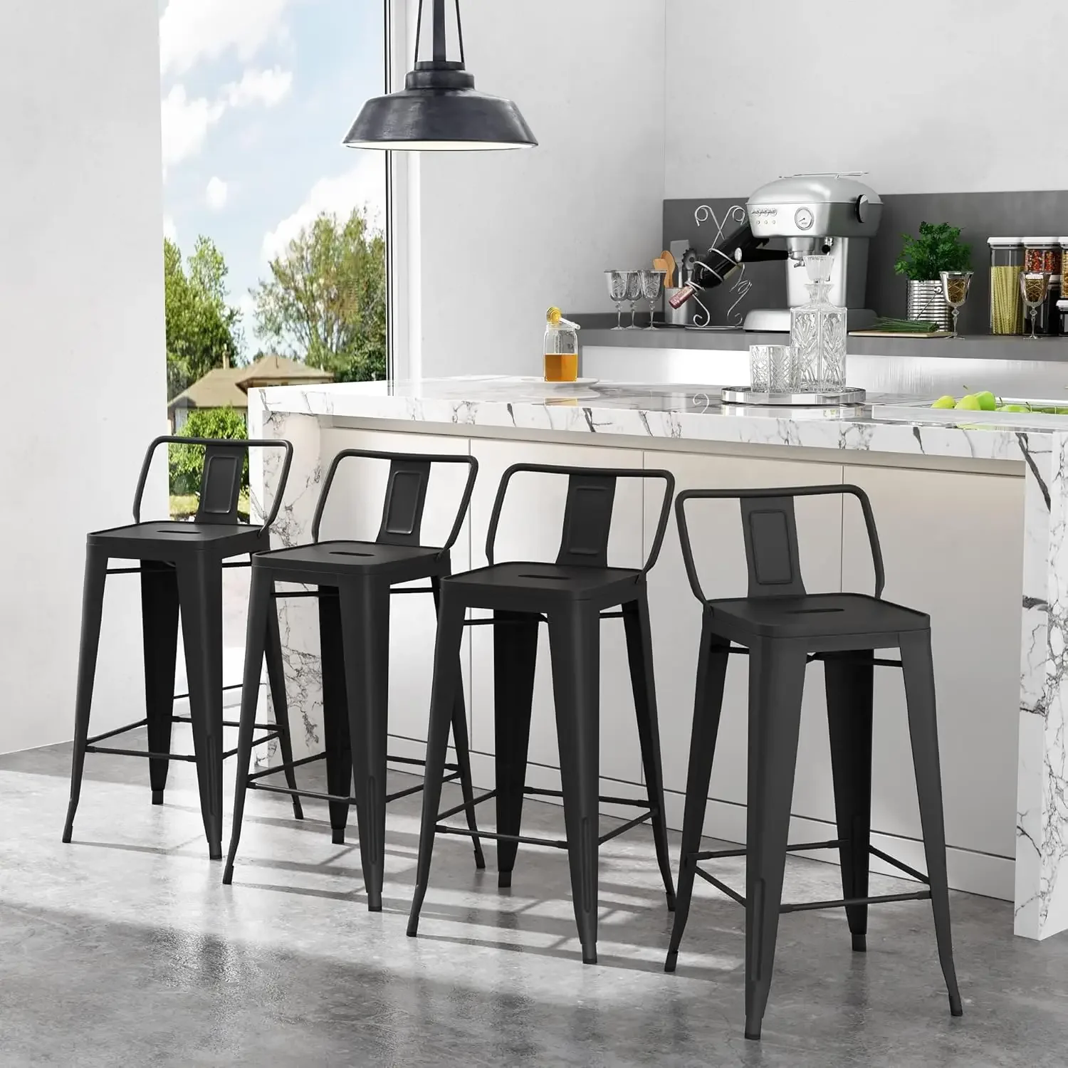 30 inch Metal Bar Stools Set of 4 Bar Height Stools with Backs Industrial Low Back Bar Chairs for Indoor Outdoor Matte Black