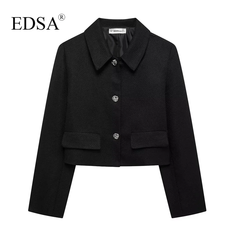 EDSA Women Blazer Cropped Tweed Jacket with Flap Pockets for Office Lady Single Breasted Turn-down Collar Suit Coat