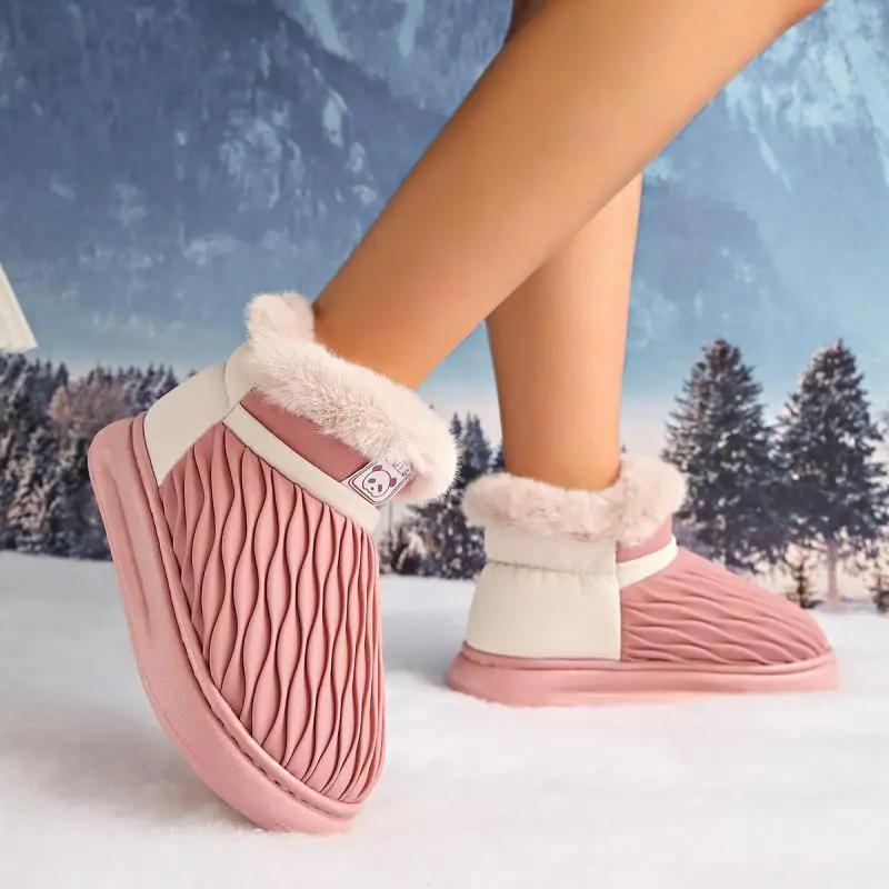 Botines cortos de felpa para mujer, botas de nieve con plataforma gruesa y suave, con pliegues geométricos, cómodos y cálidos, zapatos de algodón de colores mezclados