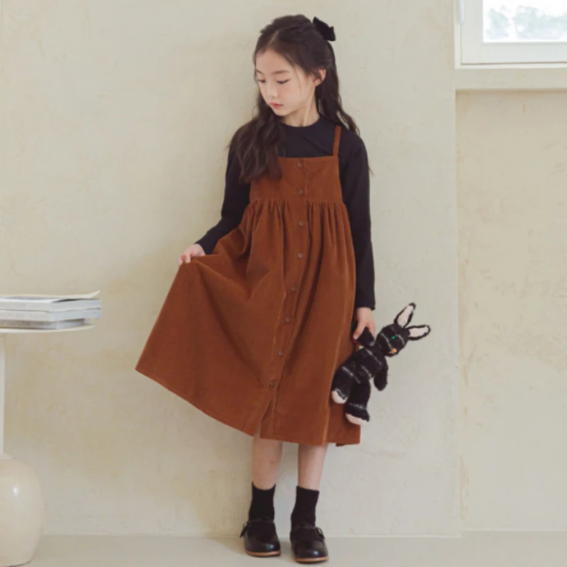 Girl's Retro Corduroy Suspenders Dress Autumn New Korean Children Casual Loose College Style Pleated Buttons Sling Long Dresses