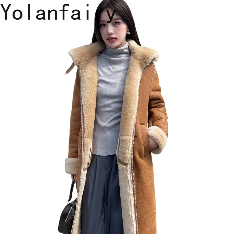 

YOLANFAIRY Genuine Leather Jacket Women Winter Elegant Warm Natural Fur Coat Woman Long Fur Jacket Hooded Real Lamb Fur Coats