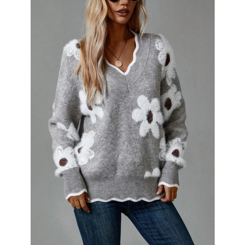 

Милый девичий стиль: свободный, удобный, повседневный пуловер в стиле кэжуал, осенне-зимний вязаный свитер с длинными рукавами и V-образным вырезом