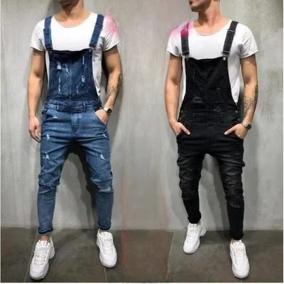 Loose Men's Denim Overalls Torn Casual Long Sleeve Men's Jeans Overalls Small Foot Pants Four Seasons Wear Resistant Denim