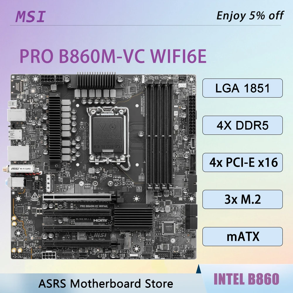 Tarjeta Madre MSI PRO B860M-VC WIFI6E, B860 LGA 1851, Compatible con CPU Ultra 9 285K, 7 265K/KF, 9 285/285T, 5 225, 3 205T, 4xDDR5, M.2, mATX, 5G