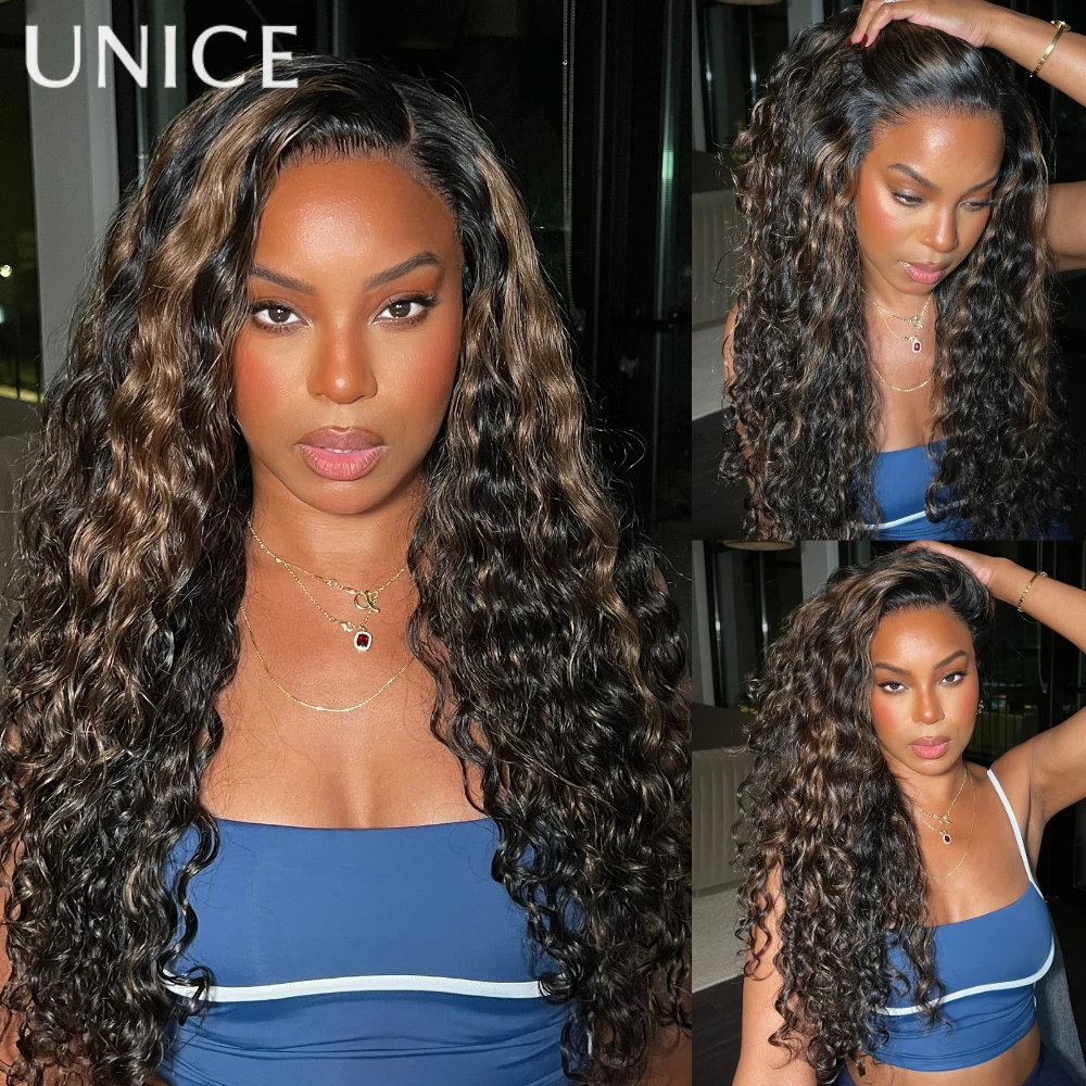 UNICE الشعر Gloden البني يسلط الضوء على موجة المياه باروكة من شعر طبيعي الجانب جزء 7x5 الدانتيل قبل قطع قبل التبييض غلويليس شعر مستعار جاهز للارتداء