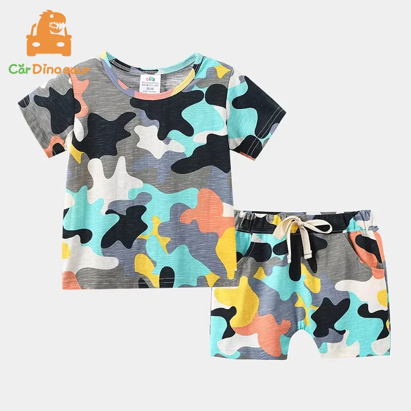 Hot Summer 2 3 4 5 6 8 10 Years Children Handsome Army Green Camouflage Short Sleeve T-Shirt Shorts Baby Kids Boy 2 Pieces Sets