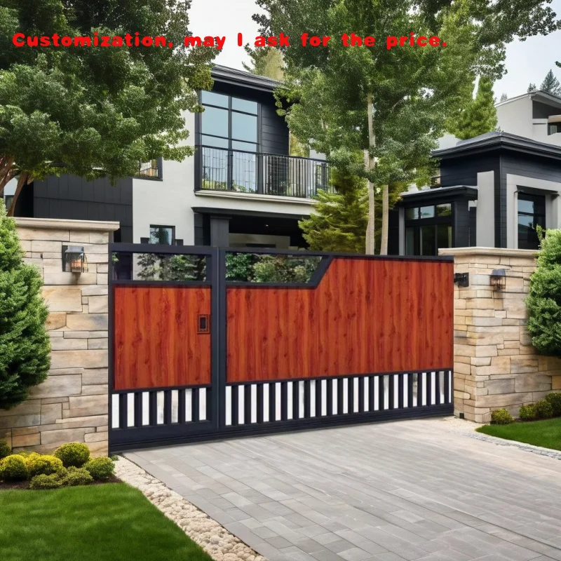 

custom.Customized Size Metal Swing Gate Wood Grain Aluminum Sliding Door Entrance Driveway Garden Fence Outdoor Use-Mo