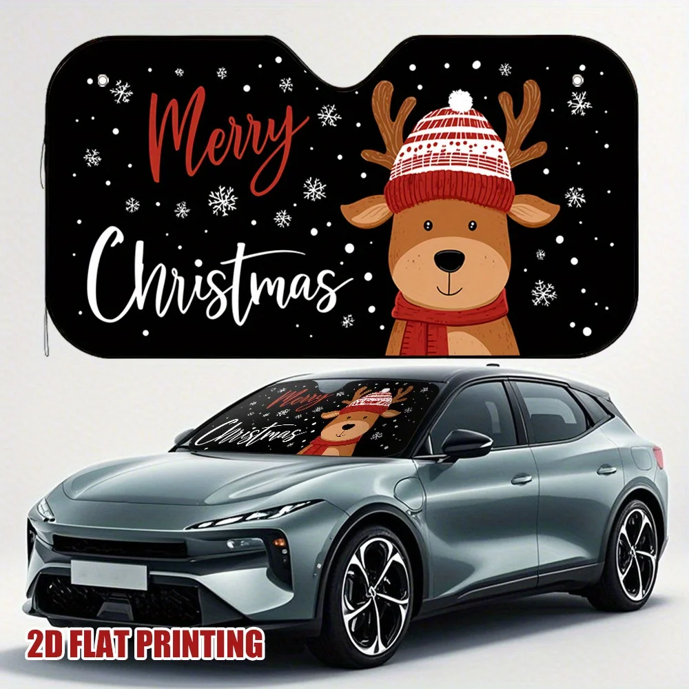 

1 шт. праздничный солнцезащитный козырек для автомобиля Reindeer Joy — веселый рождественский дизайн с шапкой и шарфом Санта-Клауса, плоская печать 2D, термостойкий, идеально подходит