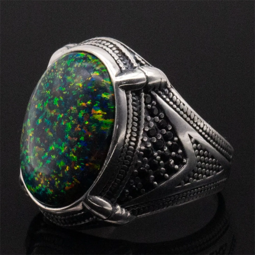 Wholesale Pure 925 Sterling Silver Men's Ring Synthetic Opal Stone man Ring 925 Sterling Silver