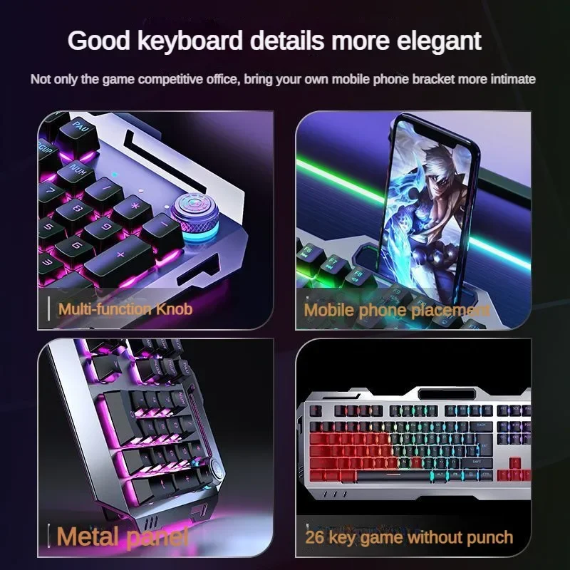 EWEADN GX810 Wired Gaming Keyboard RGB Mechanical Office Esport Metal Panel Multi Functional Knob Keyboard Pc Laptop Accessories